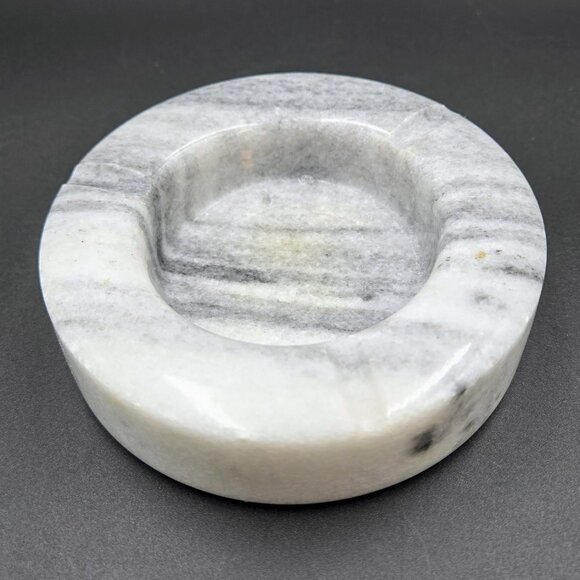 Marble Ashtray Grey Veined White Round 3 Ports Heavy Brush Holder Read - Picture 1 of 11